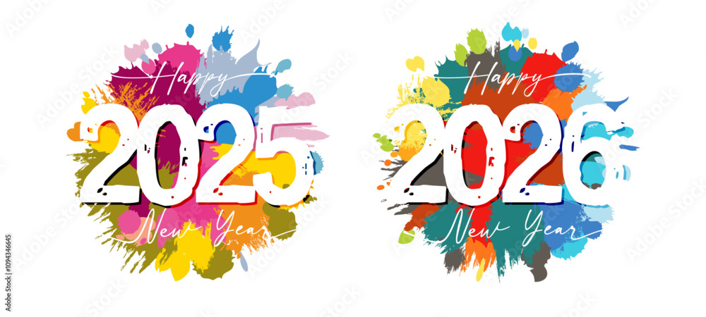 Set of trendy handdrawn style round coloured icons for new year 2025 and 2026 celebrating. Arts banner design. Festive concept. Watercolor template with brushing strokes. Creative abstract ink spots. Set of trendy handdrawn style round coloured icons for new year 2025 and 2026 celebrating. Arts banner design. Festive concept. Watercolor template with brushing strokes. Creative abstract ink spots.