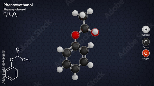 Molecule: Phenoxyethanol. Molecular structure. Formula: C8H10O2. Chemical model: Ball and stick. Dark background. 3D illustration. photo