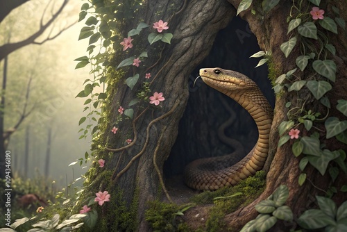 A serpent is depicted in a tree's knothole surrounded by vines and flowers, knothole, tree, flowers, vines, unique positioning photo