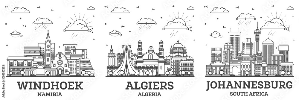 Fototapeta premium Outline Algiers Algeria, Johannesburg South Africa and Windhoek Namibia City Skyline with Modern and Historic Buildings Isolated on White.
