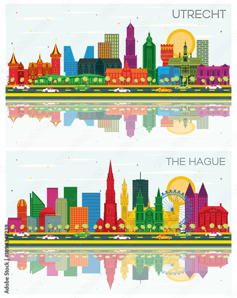 The Hague and Utrecht Netherlands City Skyline set with Color Buildings, Blue Sky and Reflections. Cityscape with Landmarks. The Hague and Utrecht Netherlands City Skyline set with Color Buildings, Blue Sky and Reflections. Cityscape with Landmarks.