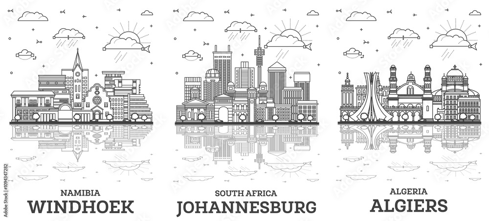 Fototapeta premium Outline Algiers Algeria, Johannesburg South Africa and Windhoek Namibia City Skyline set with Modern Buildings and Reflections Isolated on White.