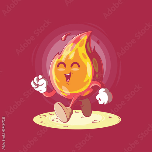 A Flame Character walking and smiling vector illustration. Mascot, fire design concept.