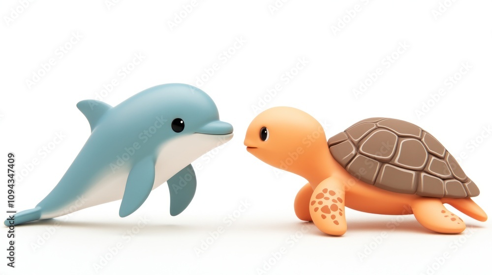 A cute dolphin and turtle interacting in a playful, cartoonish style. A cute dolphin and turtle interacting in a playful, cartoonish style.