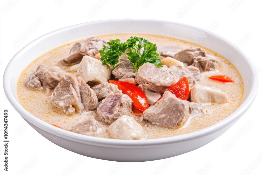 A bowl of creamy meat stew with vegetables, garnished with parsley. A bowl of creamy meat stew with vegetables, garnished with parsley.