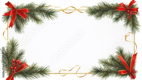 Festive christmas border with red bows, pine branches, and berries.