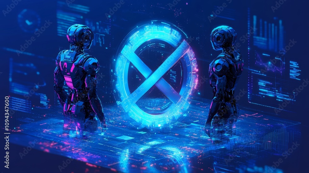 Futuristic Robotic Figures with Glowing Infinity Symbol in High-Tech Sci-Fi Environment Futuristic Robotic Figures with Glowing Infinity Symbol in High-Tech Sci-Fi Environment