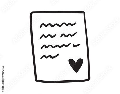 Love letter hand drawn doodle icon. Valentines day love text clipart. Vector outline paper with heart.
