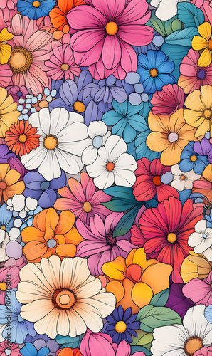 Floral flowers and beautiful colorful leaves wallpaper seamless pattern for interior decoration or background.