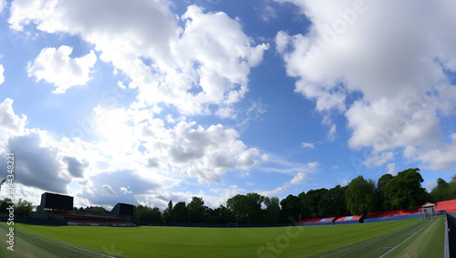 Panoramic view of the green football field and blue cloudy sky. Harrow, Greater London, England, UK. photo