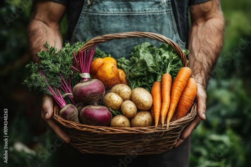 Man Holding Basket of Assorted Organic Vegetables in Green Background