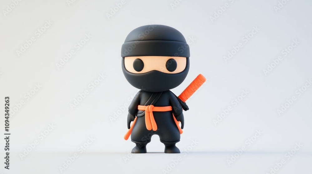 A cute cartoon ninja figure in black attire with an orange belt and sword. A cute cartoon ninja figure in black attire with an orange belt and sword.