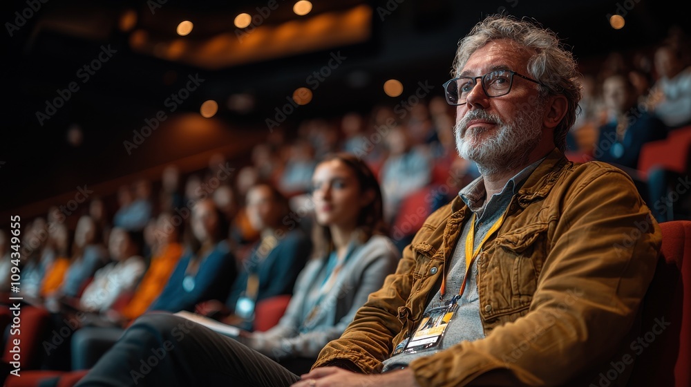 Attendees engaged in a conference session at an auditorium during an insightful presentation on industry trends Attendees engaged in a conference session at an auditorium during an insightful presentation on industry trends