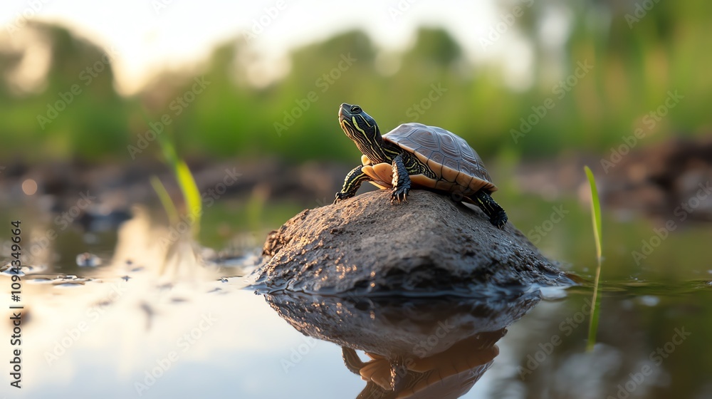 A turtle basking on a rock in a tranquil pond A turtle basking on a rock in a tranquil pond