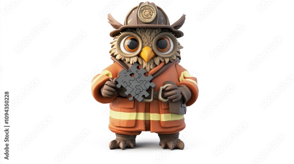 A cartoon owl dressed as a firefighter holds a puzzle piece, symbolizing teamwork and problem-solving. A cartoon owl dressed as a firefighter holds a puzzle piece, symbolizing teamwork and problem-solving.