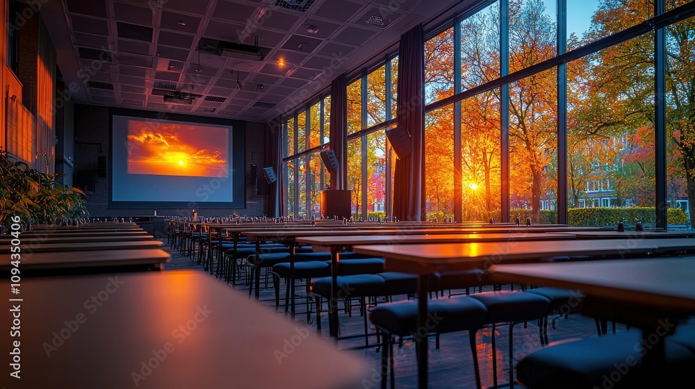 Sunset view from large windows in a conference room with multiple tables set for an event Sunset view from large windows in a conference room with multiple tables set for an event