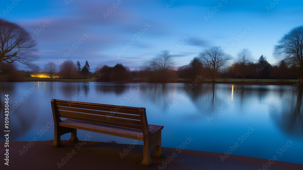 Serene Evening Bench By Tranquil Lake And Trees Serene Evening Bench By Tranquil Lake And Trees