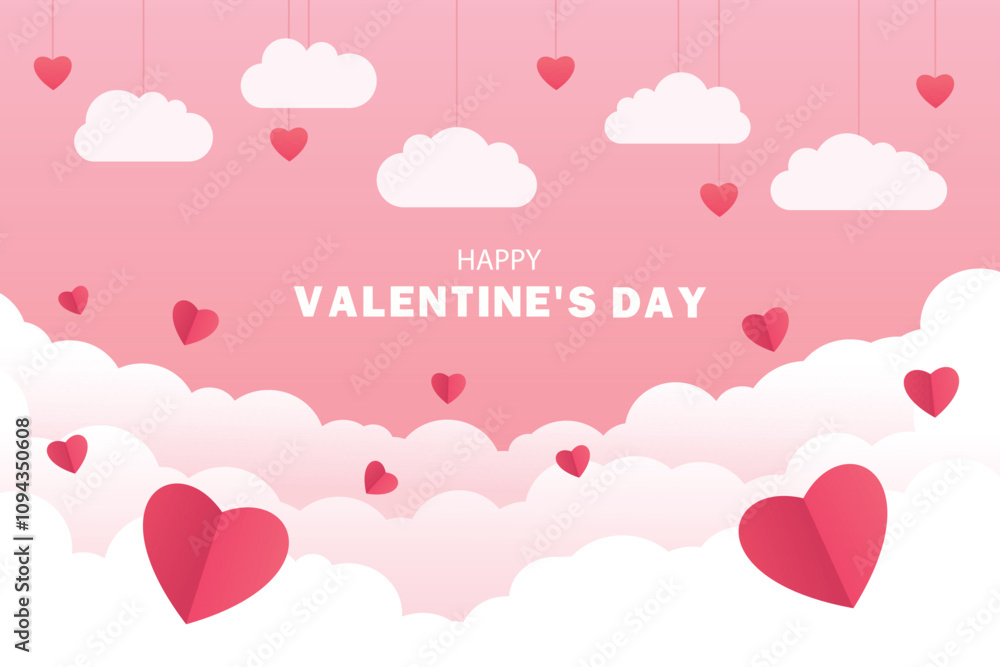 Happy Valentine's day background template with hanging clouds and hearts for poster or banner. Place for text. Happy Valentine's day background template with hanging clouds and hearts for poster or banner. Place for text.