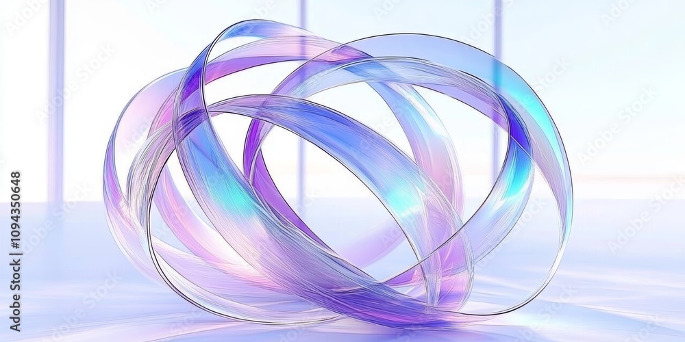 Futuristic Abstract Sphere with Interwoven Ribbons in Blue Purple and Pink Colors on Light Background