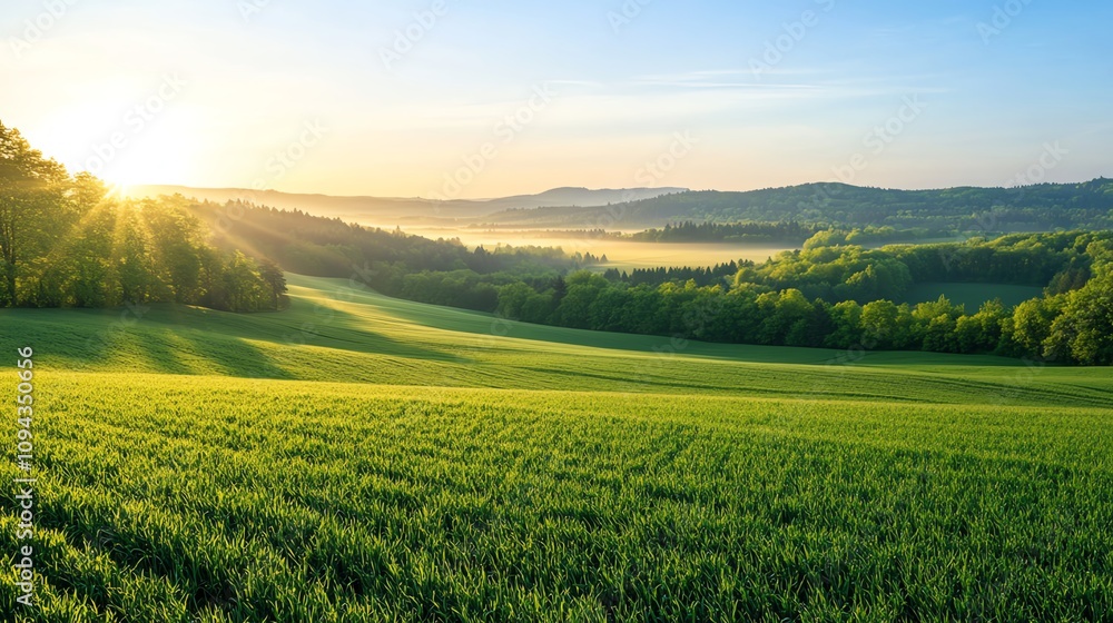 Obraz premium Serene landscape with rolling hills and sunlight.