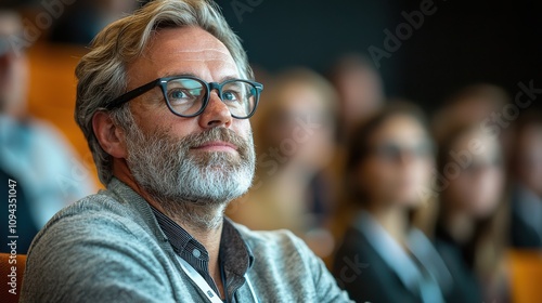 Attendee engages thoughtfully during a conference session in a modern auditorium filled with an audience