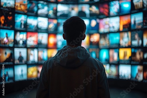 Man in Hooded Jacket Surrounded by Colorful TV Screens Displaying Media and Entertainment