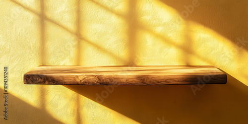 A shelf with a wooden surface is sitting on a yellow wall