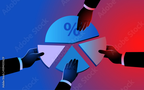 Four businessman hands each holding a piece of a circular chart, symbolizing shareholder equity, business partnerships, investment, corporate ownership, and collaboration
