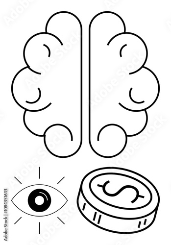 Brain in center with eye and coin underneath. Eye symbolizes vision, and coin represents financial gain. Ideal for business strategy, innovation, finance, entrepreneurship, vision, success