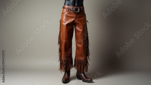 Cowboy chaps on mannequin with fringe details and rich leather texture, styled with a belt and boots, set against a simple studio background. photo