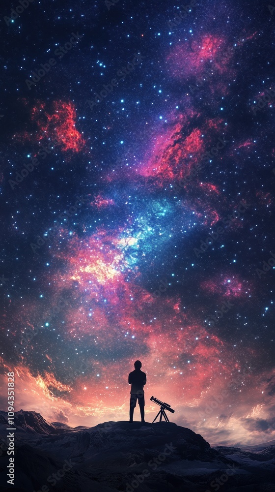 Fototapeta premium Silhouette of person stargazing with telescope under vibrant night sky