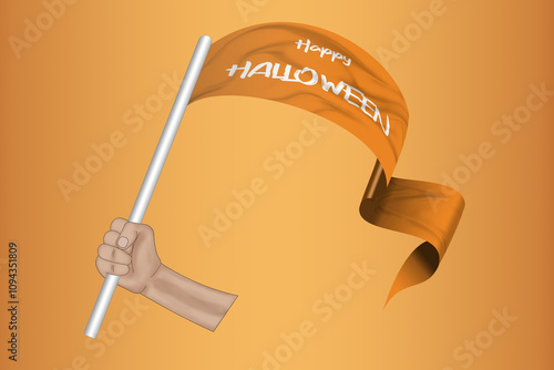 3D illustration. Hand holding flag of Happy Halloween on a fabric ribbon background.