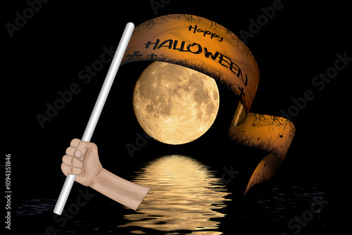 3D illustration. Hand holding flag of Happy Halloween on a fabric ribbon background.