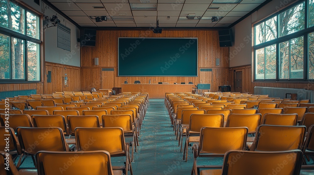 Fototapeta premium Classroom setup for an academic presentation with empty chairs and a large screen in a university auditorium