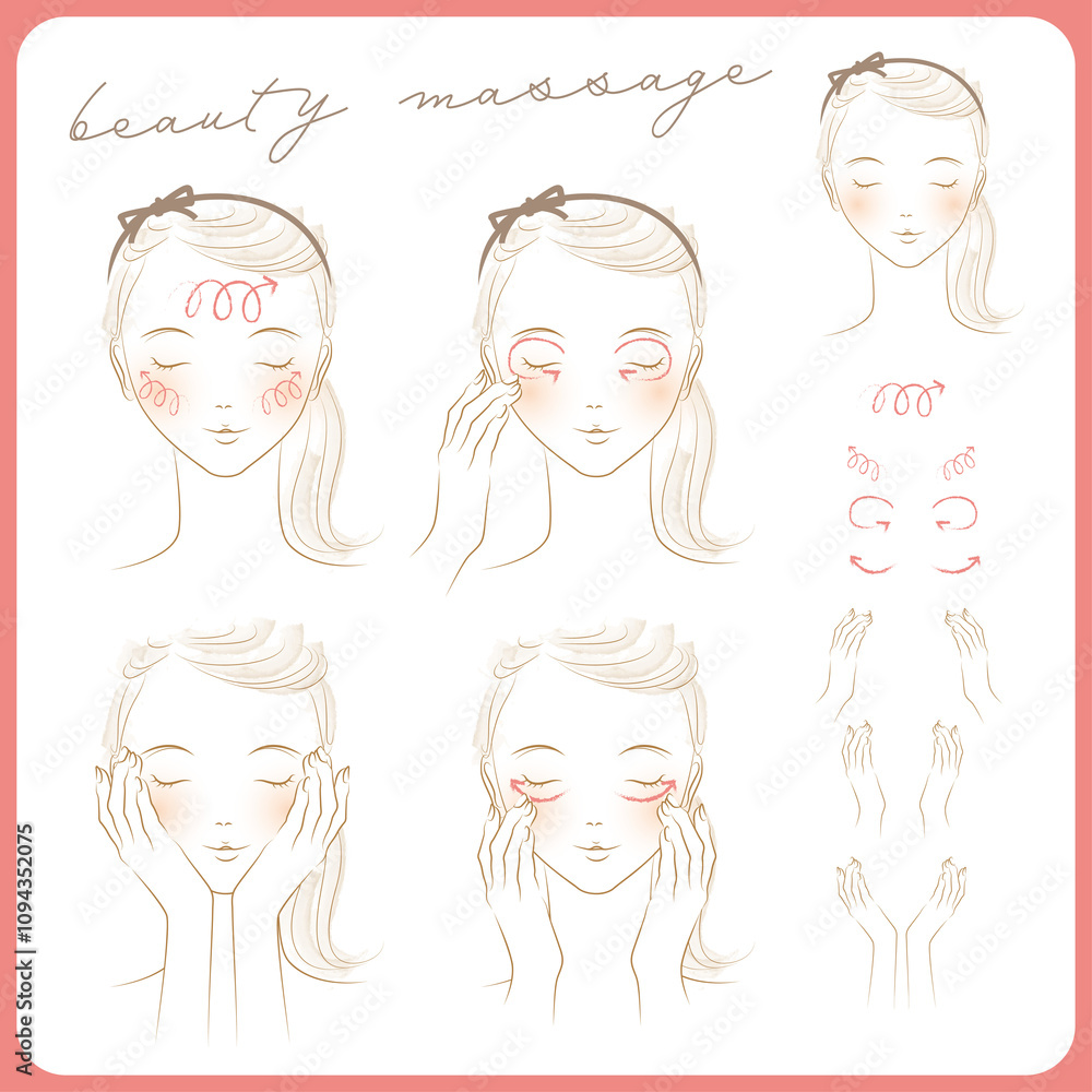 A woman is massaging her eyes, cheeks, and face. hand parts, arrow parts A woman is massaging her eyes, cheeks, and face. hand parts, arrow parts