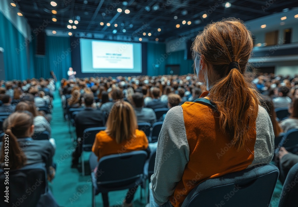 A woman sits in a large auditorium with a crowd of people A woman sits in a large auditorium with a crowd of people