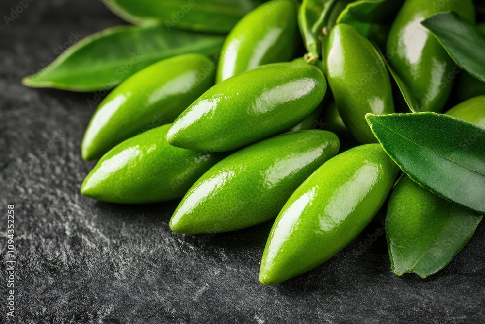 A close-up of vibrant green fruit with leaves on a dark surface. A close-up of vibrant green fruit with leaves on a dark surface.