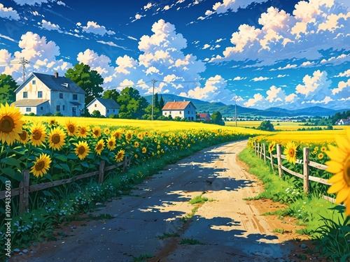 Wallpaper Mural Sunlit Country Road Amidst Vast Sunflower Fields and Serene Farmhouses. Landscape Anime Illustration. Torontodigital.ca