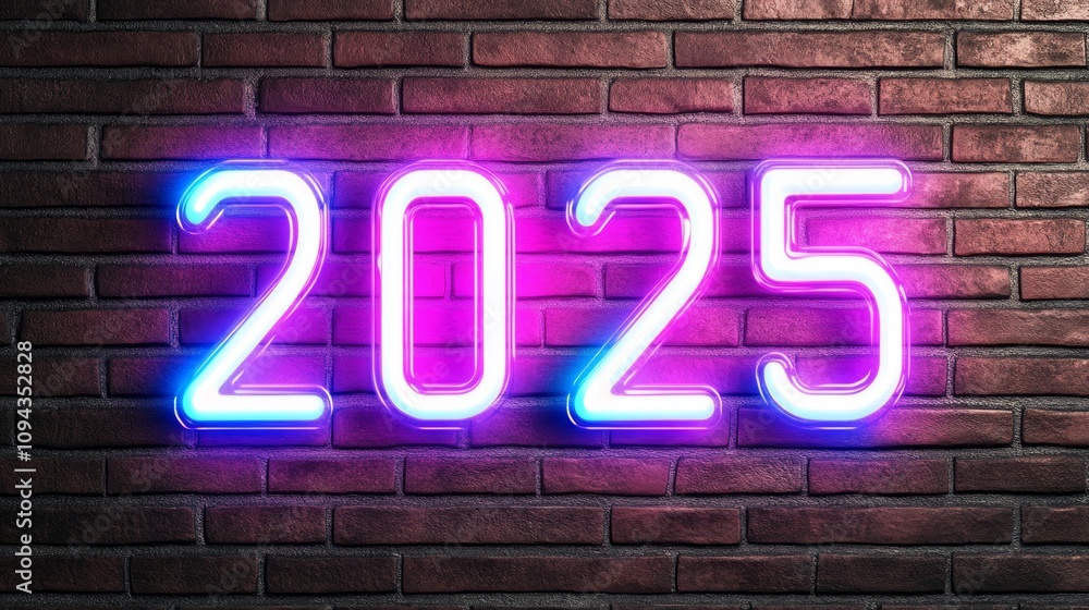 Bright neon sign displaying the year 2025 against a textured brick wall in vibrant colors Bright neon sign displaying the year 2025 against a textured brick wall in vibrant colors
