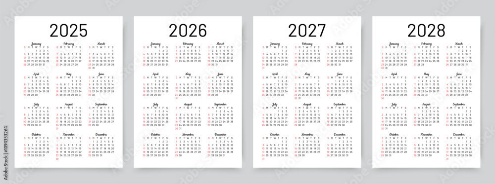 2025, 2026, 2027, 2028 calendars for year. Calender templates. Week starts Sunday. Organizer with 12 month in English. Scheduler layout. Simple planner. Portrait orientation, A4. Vector illustration 2025, 2026, 2027, 2028 calendars for year. Calender templates. Week starts Sunday. Organizer with 12 month in English. Scheduler layout. Simple planner. Portrait orientation, A4. Vector illustration