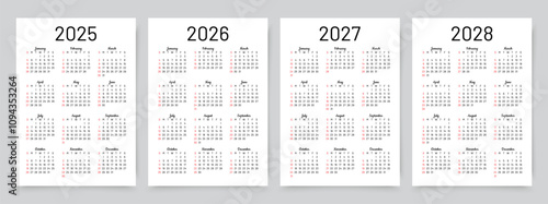 2025, 2026, 2027, 2028 calendars for year. Calender templates. Week starts Sunday. Organizer with 12 month in English. Scheduler layout. Simple planner. Portrait orientation, A4. Vector illustration