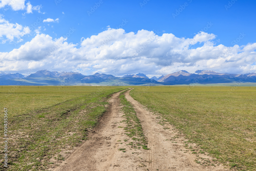 Country dirt road and green grassland with mountains nature landscape in Xinjiang. Outdoor natural background. Country dirt road and green grassland with mountains nature landscape in Xinjiang. Outdoor natural background.