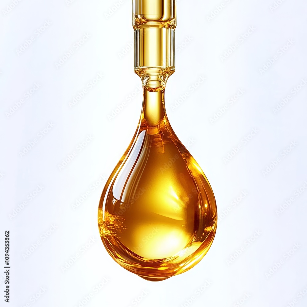 Golden Liquid Droplet from Pipette on White Background Golden Liquid Droplet from Pipette on White Background