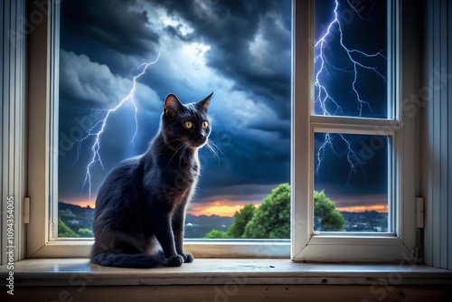 A black cat perched on a windowsill, watching a stormy night unfold outside