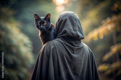 A black cat perched on the shoulder of a mysterious cloaked figure
