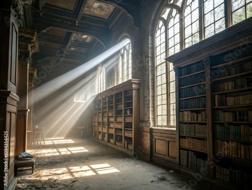 Wallpaper Mural Light streaming through an abandoned, dusty library, creating dramatic beams Torontodigital.ca