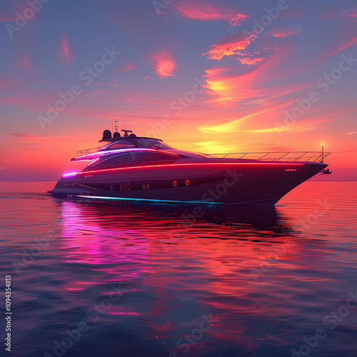 a sleek yacht speeding over calm waters during a vibrant and colorful sunset, capturing the essence of adventure and freedom on a tranquil and scenic evening with white shades, minimalism