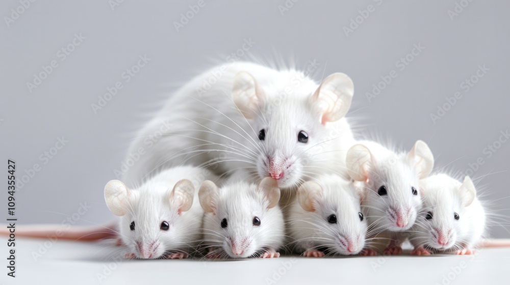 White Mice. Closeup of Albino Mother Mouse with Pups on Isolated Background White Mice. Closeup of Albino Mother Mouse with Pups on Isolated Background