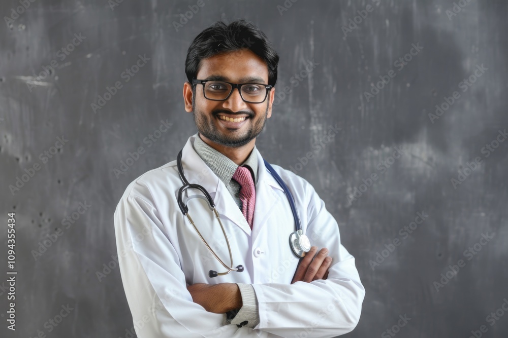 White Male Doctor - Smiling Indian Doctor or Scientist in White Coat over Grey Background White Male Doctor - Smiling Indian Doctor or Scientist in White Coat over Grey Background