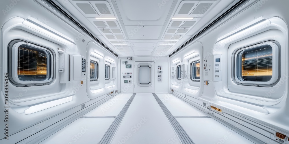 A large, empty, white space with a long, narrow hallway A large, empty, white space with a long, narrow hallway